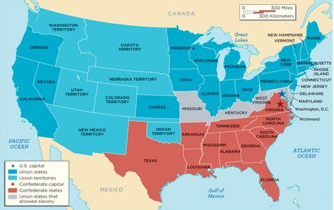 Map of Confederate, Union and Border States. Map Of The United States, Union Army, United States Map, States In America, State Of The Union, U.s. States, Northern Virginia, Us History, The Union