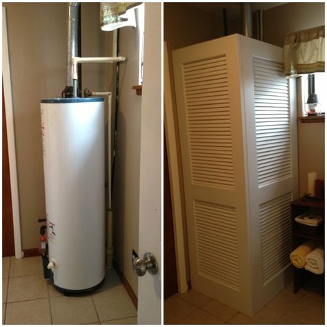 How to hide exposed water heater. Quick fix with louvered doors hinged together How To Hide Hot Water Tank, Hide Water Softener Laundry Rooms, How To Hide Hot Water Heater, Hide Water Heater, Water Heater Cover, Apartment Laundry Room, Apartment Laundry, Louvered Door, Louvered Doors