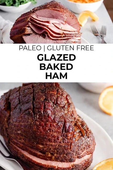 Serve up a paleo, gluten free, and low carb version of the classic glazed baked ham with this simple recipe! With coconut sugar, orange juice, and spices, the glaze is easy to make but absolutely delicious. #paleo #glutenfree #lowcarb Aip Ham Recipes, Gluten Free Ham Glaze, Paleo Ham Recipes, Glazed Baked Ham, Paleo Ham, Brown Sugar Glazed Ham, Paleo Lunches, Gluten Free Ham, Paleo Christmas