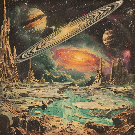 Step into a vintage collage of an alien planet, where rivers wind through strange rock formations and moons float in the vibrant sky. With rings, galaxies, and stars illuminating the cosmos, this surreal landscape transports you to another universe. #VintageCollage #AlienPlanet #RetroArt #CosmicLandscape #GalaxyVibes #OuterSpaceArt #SurrealCollage #SciFiFantasy #AlienWorlds #SaturnRings Alien World Aesthetic, Alien Worlds Landscape, Alien Planet Landscapes, Retro Alien, Outer Space Art, Another Universe, Surreal Landscape, Surreal Collage, Alien Planet