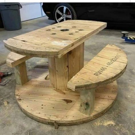 Recycle, Reuse and Repurpose! | My new picnic table made from a wire spool | Facebook Wire Spool Outdoor Table, Spool Fire Pit Table, Wood Spool Ideas, Spool Table Ideas, Electrical Spools, Cable Reel Table, Wire Spool Tables, Wooden Spool Projects, Recycled House