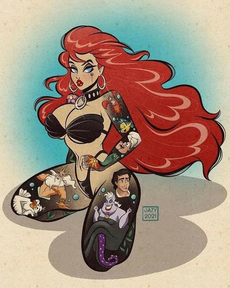 Punk Disney Characters, Dark Disney Art, Goth Disney Princesses, Disney Punk, Goth Disney, Tattoo Disney, Arte Pin Up, Punk Disney Princesses, Disney Princess Tattoo