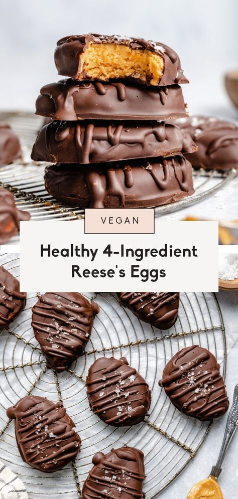 Easy healthy Reese's eggs made with only 4 simple ingredients! These homemade vegan peanut butter eggs are low carb, gluten free, low sugar and have a glorious peanut butter middle for the perfect no bake treat that everyone loves. #peanutbutter #easter #reeses #healthydessert #vegandessert #nobakedessert #chocolate Peanut Butter Eggs Recipe, Reese Eggs, Reese Peanut Butter Eggs, Gluten Free Easter, Vegan Easter, Peanut Butter Eggs, Healthy Easter, Ambitious Kitchen, Gluten Free Egg Free