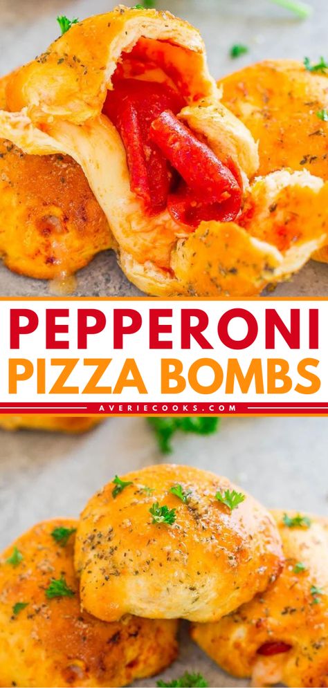 Put this biscuit dough recipe on your football food ideas! Not only are these Pepperoni Pizza Bombs an irresistible game day appetizer, but they are also easy and ready in just 15 minutes. Serve these stuffed pizza balls at your tailgating party! Pizza Balls, Pizza Bomb, Pizza Ball, Biscuit Pizza, Pizza Fatta In Casa, Pizza Recipes Easy, Easy Pizza, Burgers Sandwiches, Easy Appetizer Recipes