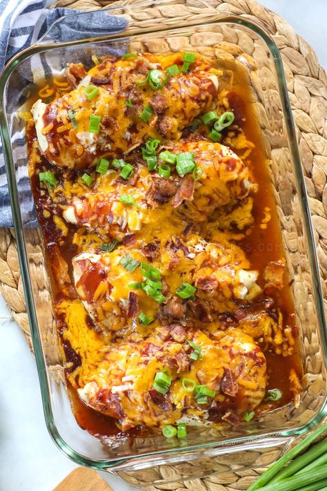 SO MUCH FLAVOR! This Mesquite Chicken Bake Recipe is quick and easy to make for a fast dinner idea and packed with flavor. Tender chicken breast is seasoned with mesquite seasoning, then smothered in BBQ sauce and finished with cheddar cheese and bacon. This easy chicken dinner is on repeat because it is so fast, easy and delicious! Mesquite Chicken Meals, 2b Mindset Chicken Recipes, Spiced Yogurt Chicken Breast, Easy Chicken Schnitzel Recipe, Chicken Breasts In Oven, Mesquite Chicken, Bbq Chicken Breast, Tangy Bbq Sauce, Tender Chicken Breast