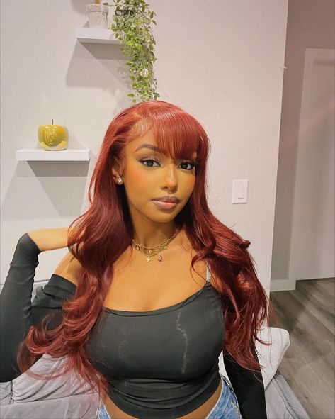 Instagram Chloe Bailey Red Hair, Meg The Stallion Red Hair, Reddish Brown Hair Color, Brown Auburn Hair, Reddish Hair, Reddish Brown Hair, Cute Bangs, Big Curly Hair, Brown Wig