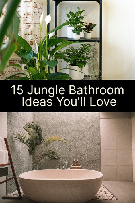 Step into your own jungle paradise with these 15 bathroom ideas! Transform your space into a lush retreat filled with greenery and natural elements. #JungleParadise #BathroomInspiration #NatureLover Biophilic Bathroom Ideas, Small Bathroom Nature Theme, Pink Jungle Bathroom, Jungle Themed Bathroom Ideas, Jungle Themed Bathroom, Jungle Kitchen Ideas, Bathrooms With Plants, Bathroom Nature Theme, Botanical Bathroom Ideas