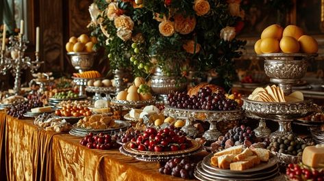 StockCake A lavish spread of fresh fruits, exquisite desserts, and luxurious silverware set for an elegant banquet. Banquet Aesthetic, Cheese Buffet, Luxury Dinner Party, Exquisite Desserts, Autumn Brunch, Banquet Food, Royal Banquet, Luxury Catering, Christmas Banquet