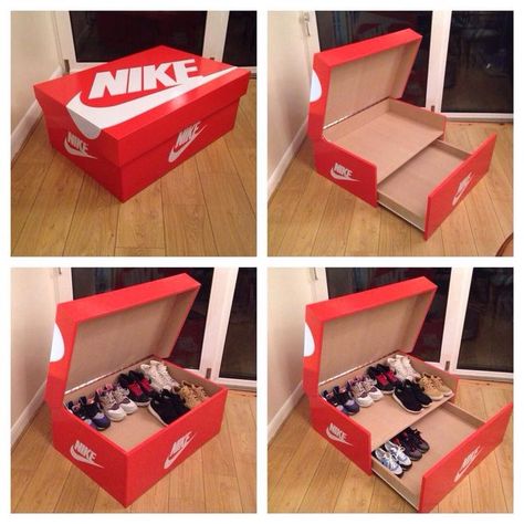 Nike Shoebox Storage, Rak Sepatu Diy, Big Shoe Box, Dope Rooms, Nike Shoe Box, Giant Shoe Box, Shoe Box Diy, Sneaker Storage Box, Sneakerhead Room