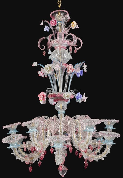 An Italian Murano glass twelve-lights chandelier, mid-20th century decorated overall with foliage and flowerheads; formerly fitted for electricity 190cm. high, 115cm. diameter; 6ft. 3in., 3ft. 9¼in.-Estimate 3,000 — 5,000 GBP 4,027 - 6,712USD LOT SOLD. 5,625 GBP (7,551 USD) Glass Flower Chandelier, Italian Glass Chandelier, Old World Interiors, Italian Chandelier Vintage, Murano Glass Modern Chandelier, Lights Chandelier, Italian Murano Glass Chandelier, Opulent Interiors, Murano Chandelier