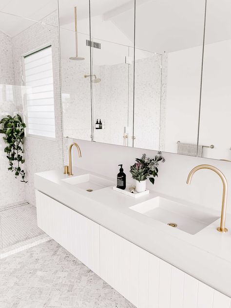 All White Vanity Bathroom, Three Birds Renovations Bathrooms, Three Way Bathroom, Hamptons Master Suite, Three Birds Bathroom, Three Birds Renovations Bathroom, White On White Bathroom, Clean White Bathroom, Gold And White Bathroom