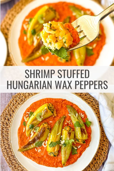 Recipes With Hungarian Peppers, Wax Pepper Recipes, Hungarian Wax Pepper Recipes, Shrimp Stuffed Peppers, Stuffed Hungarian Wax Peppers, Shrimp Stuffing, New Orleans Stuffed Bell Peppers Shrimp, Hungarian Stuffed Peppers, Shrimp Stuffed Pablo Peppers