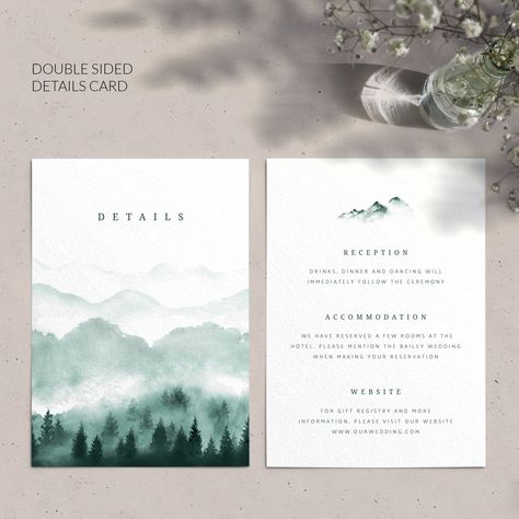 Details Card Wedding, Mountain Wedding Invitation, Wedding Invitation Details, Invitation Details Card, Wedding Invitation Details Card, Mountain Card, Wedding Graphic Design, Forest Wedding Invitations, Mountain Wedding Invitations