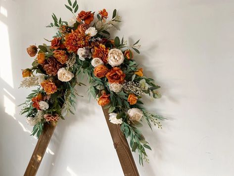 Burnt Orange Wedding Arch Flowers, Fall Wedding Arch Flowers, Rustic Wedding Arch Flowers, Triangle Arch Flowers, Rust Wedding Arch Flowers - Etsy Australia Triangle Arch Flowers, Burnt Orange Wedding Arch, Burnt Orange And Emerald Green Wedding, Sage Green And Burnt Orange Wedding, Rust Wedding Arch, Burnt Orange And Sage Green Wedding, Orange Wedding Arch, Rust And Sage Wedding, Fall Wedding Arch