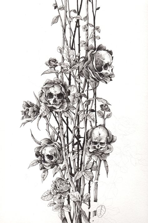 Kunst Tattoos, 동화 삽화, Theme Tattoo, Skeleton Art, Arte Obscura, Flower Skull, 문신 디자인, Skull Tattoos, Arte Horror