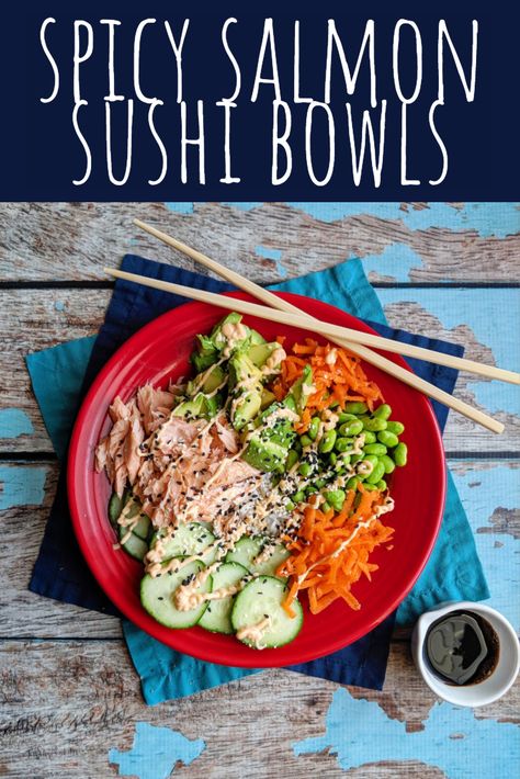 Spicy Salmon Sushi Bowls Recipe - A Nerd Cooks Spicy California Roll, Salmon Sushi Bowl, Spicy Salmon Roll, Spicy Salmon Sushi, Sushi Bowl Recipe, Sushi Bowls, Cooked Salmon, Salmon Roll, Best Seafood Recipes