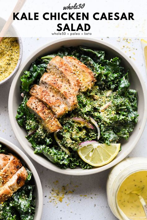 Kale Cesar Salad, Kale Chicken, Dairy Free Salads, Grub Hub, Chicken Kale, Caesar Chicken, Kale Caesar Salad, Kale Salad Recipes, Whole30 Dinners