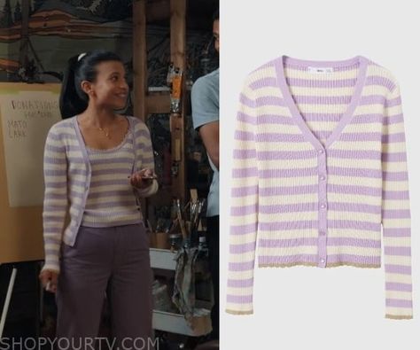 My Life With The Walter Boys: Season 1 Episode 3 Jackie's Striped Purple Cardigan Jackie My Life With The Walter Boys Outfits, Jackie Walter Boys, My Life With The Walter Boys Jackie Outfits, My Life With The Walter Boys Outfits, My Life With The Walter Boys Jackie, Jackie Howard, Fanfic Outfits, Walter Boys, Movie Outfits