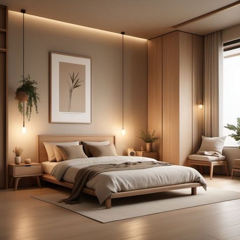 Contemporary Design Bedroom, Japandi Bedroom Color Palette, Japandi Bedroom Apartment, Japandi Minimalist Bedroom, Apartment Bedroom Minimalist, Japandi Apartment Small, Japandi Villa, Muji Style Bedroom, Minimalist Japandi Bedroom