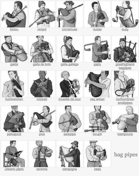 Just some of the Bagpipes from around the world. Scottish Pipe Band, Bagpipe Music, Celtic Ireland, Scottish Music, Wind Instruments, Great Scot, Scotland Forever, Grayscale Image, Woodwind Instruments