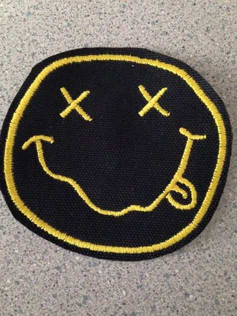 Nirvana patch. Nirvana Face, Smiley Face Patch, Converse Embroidery, Nirvana Smiley Face, Independence Mo, Patch Applique, Yellow Smiley Face, Punk Patches, Face Patches