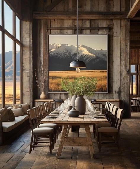 Hunting Lodge Dining Room, Lodge Dining Room, Cabin Dining Room, Resort Decor, Farmhouse Home Design, Modern Lodge, Wind River, Futuristic Home, Black Interior Design