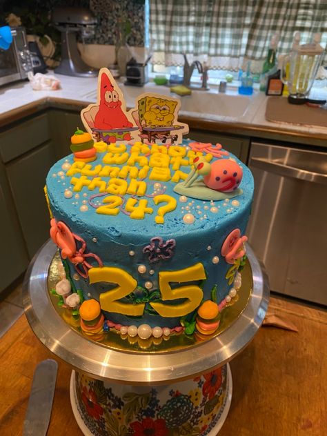 SpongeBob 25th Birthday cake Birthday Cake For 25 Year Old Guy, 25 Year Old Birthday Cake, Spongebob 25 Birthday Cake, 25th Bday Cake, 25th Birthday Cake, Spongebob Birthday Cake, Thematic Cake, 25th Birthday Cakes, Surprise Boyfriend