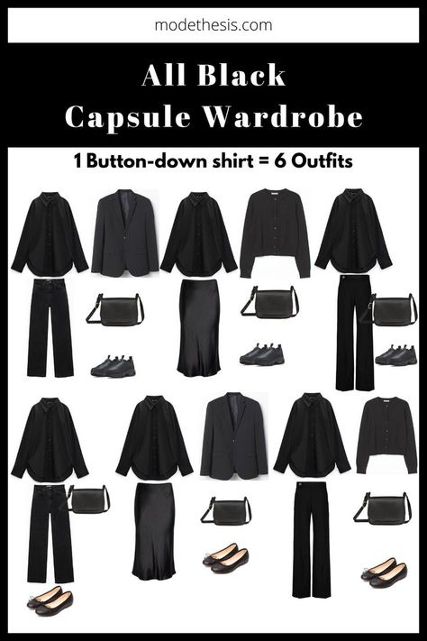 All black outfit ideas, black outfit ideas, more than 30 black outfit inspirations. Learn how to create 30+ outfits from just 13 pieces in this all black capsule wardrobe. All Black Capsule Wardrobe, Musician Clothes, Minimalist Aesthetic Outfit, Black Capsule Wardrobe, All Black Outfit Ideas, Building A Capsule Wardrobe, Black Shirt Outfits, Black Outfit Ideas, Clothes Capsule Wardrobe