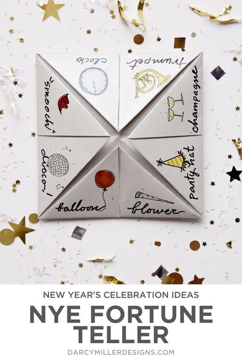 Play this game on New Year’s Eve to send off the old year in style and make plans for the new one. Works great at a place setting, too! Click to find the instructions to create this New Year's game and other crafts to create fun games and crafts for any event or holiday. Diy Nye Party, Nye Games, Fortune Teller Paper, Candle In The Dark, Champagne Birthday, New Year's Party, Fortune Telling Cards, Holiday Templates, Champagne Party