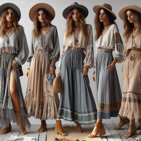 Boho chic romantic outfits in light grey & natural AI generated Boho Chic Fashion Bohemian, Boho Fashion Dresses, Boho Winter Outfits, Boho Inspiration, Boho Style Outfits, Ibiza Fashion, Boho Chic Dress, Boho Hippie Chic, Romantic Outfit