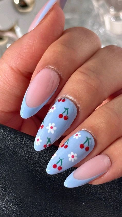 Chrome Almond, Nailart Summer, Pastel Blue Nails, Hot Nail Designs, Nail 2024, 2023 Nails, Acrylic Pink, Nails Chrome, Cherry Nails