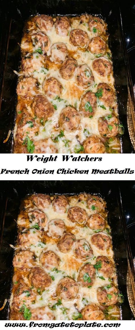 Easy French Onion Chicken, French Onion Chicken Meatballs, Ww Dinners, Ground Chicken Meatballs, Weight Watchers Meals Dinner, Ww Dinner, Dreamy Christmas, Ww Meals, Low Fat Dinner