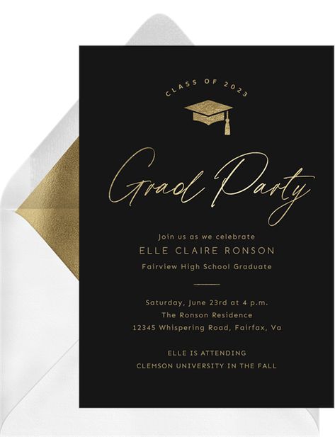 Golden Grad Party Invitations in Black | Greenvelope.com Black And Gold Party Invitations, Black And Gold Invitations Template Free, Black And Gold Theme Invitation, Graduation Party Inspiration, Black And Gold Graduation Invitations, Black Gold Foil Invitation, Grad Party Invitations, Graduation Celebration, Graduation Invitations