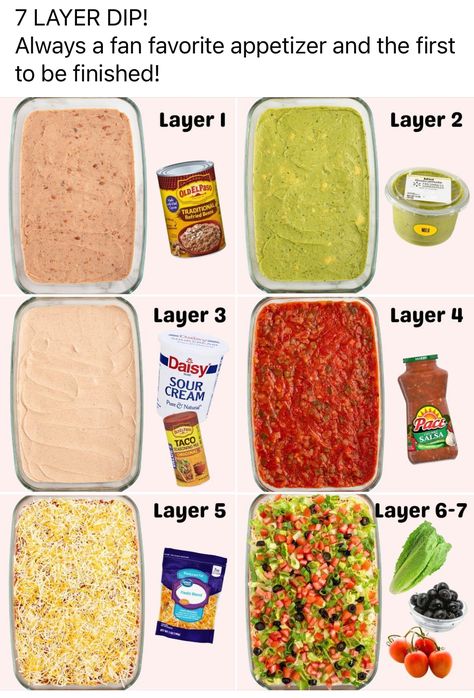 7 Layers Dip, Taco Dip Layered, 7 Layered Dip, Taco Layer Dip, 7layer Dip, Mexican Layer Dip Recipe, Guacamole Dip Recipes, Traditional Refried Beans, 7 Layer Taco Dip