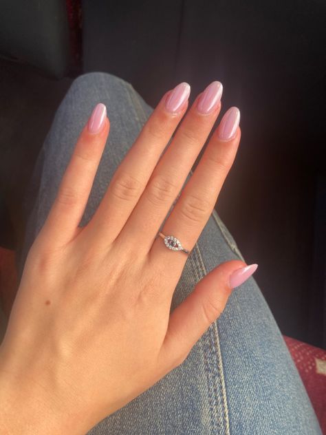 Nails Inspiration Pink Chrome, Light Pink Shiny Acrylic Nails, Light Pink Chrome Gel Nails, Sheer Sparkly Pink Nails, Subtle Pink Chrome Nails, Milky White Pink Nails Acrylic, Pale Pink Chrome Almond Nails, Cute Pink Chrome Nails, Light Pink Nails With Shimmer