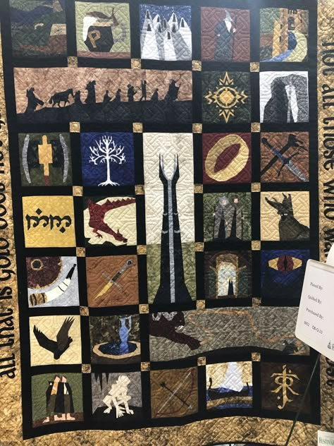 Lord Of The Rings Quilt, Lord Of The Rings Quilt Pattern, Hobbit Quilt, Lord Of The Rings Blanket, Book Nerd Quilt, Book Nerd Quilt Pattern, Nerd Crafts, Lotr Art, Shirt Quilt