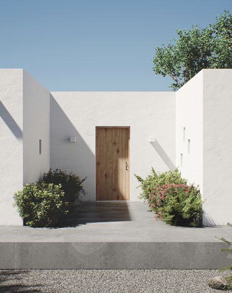 Mediterranean House Courtyard, Introverted Architecture, Modern Greek House, Greek Houses Exterior, Modern Adobe, Minimalism Architecture, Mediterranean Architecture, House Dream, Greek House