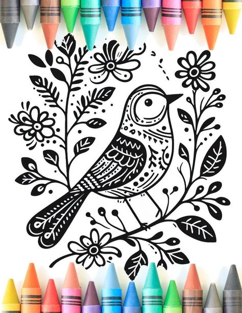 Folk Style Bird Coloring Page for Kids & Adults. Printable. 8.5 x. #Bird_Coloring_Page #Bird_Coloring #Traditional_Folk_Art #Bird_Coloring_Pages Bird Coloring Page, Bird Coloring, Traditional Folk Art, Ukrainian Easter, Bird Coloring Pages, Rug Hooking Patterns, Folk Style, Scandinavian Folk Art, Cat Coloring Page