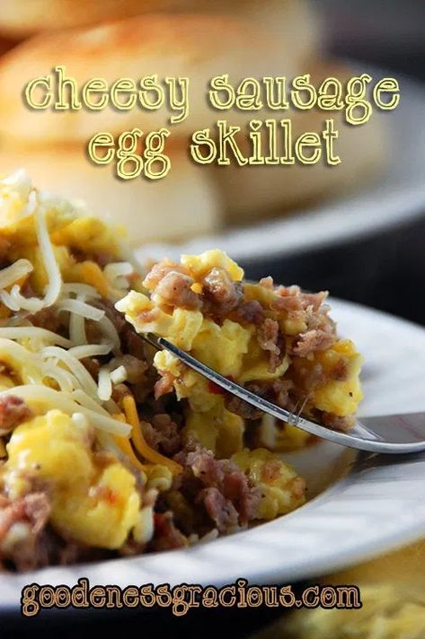 Cheesy Sausage Egg Skillet - GOODEness Gracious Sausage Breakfast Skillet, Sausage Skillet Recipe, Go To Recipes, Breakfast Skillet Recipes, Egg Skillet, Breakfast Skillet, Skillet Dishes, Make Breakfast, Sausage And Egg