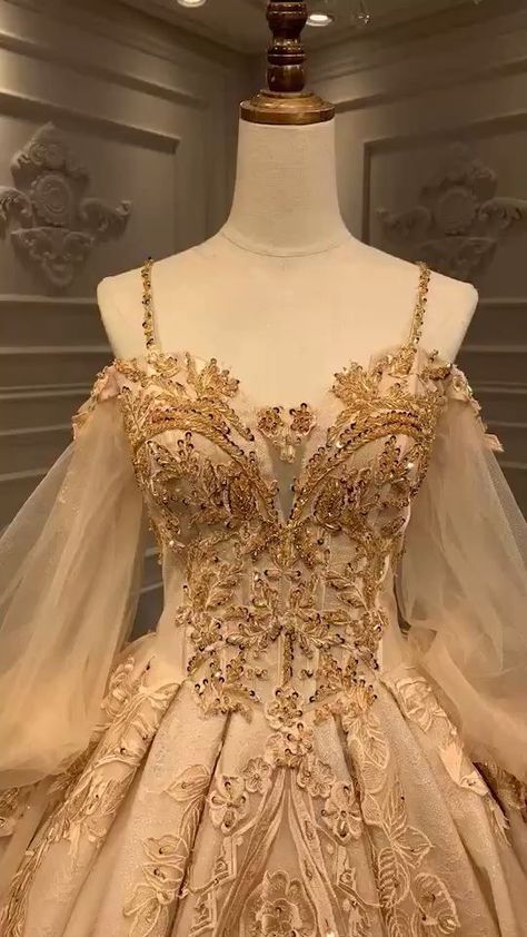 Ball Gowns Puffy Sleeves, Different Color Quinceanera Dresses, Gold Long Sleeve Quinceanera Dresses, Celestial Sweet 16 Dress, White And Gold Corset Dress, Quince Dresses With Puffy Sleeves, Big Gold Dress, Gold Quinceanera Dresses With Sleeves, Unique Color Wedding Dresses