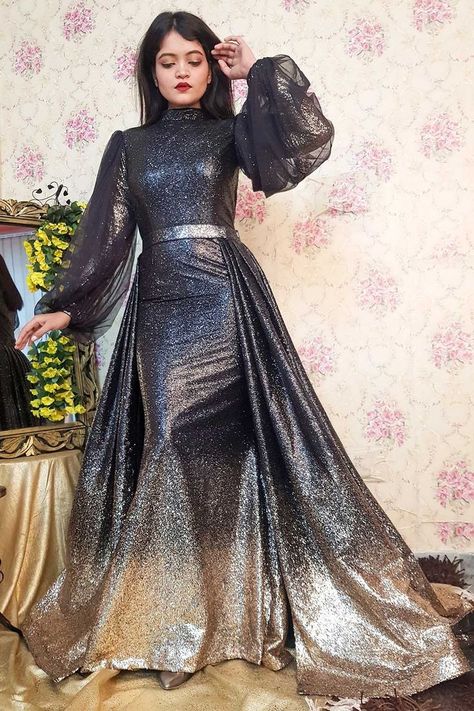 One Piece Dress Long Party Wear, Contrast Gown Designs, Shimmer Long Dress, Long Slives Design For Gown, Shimmer Fabric Dresses, Gown Belt Design, Shimmer Gown Designs, Shimmer Gowns Indian, One Piece Design Dresses Long