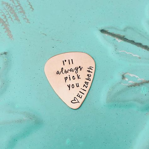 Personalized Guitar Pick - Ill Always Pick You - Custom Copper Guitar Pick - Hand Stamped Guitar Pick - Engraved Pick Mens Gift NOTE: We cannot stamp on the backs of the playable picks. Thank you. A great gift for someone who loves to play the guitar! Personalize this guitar Birthday Man, Guitar Picks Personalized, Custom Guitar Picks, Nursery Rhymes Songs, Guitar Teacher, Cheap Guitars, Rhymes Songs, Learning Guitar, Learn To Play Guitar