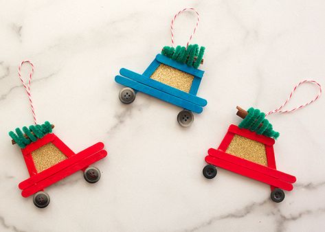 Popsicle Stick Car, Car Crafts For Kids, Car Ornaments Diy, Car Crafts, Stick Ornaments, Popsicle Stick Ornaments, Diy Popsicle, Kids Christmas Ornaments, Holiday Crafts For Kids