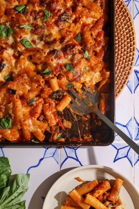 Sheet Pan Baked Pasta Alla Norma, Sheet Pan Pasta Alla Norma, Giada Pasta, Pasta Norma, Sweet Tomato Sauce, Sicilian Pasta, Italian Night, Pasta Alla Norma, Baked Pasta