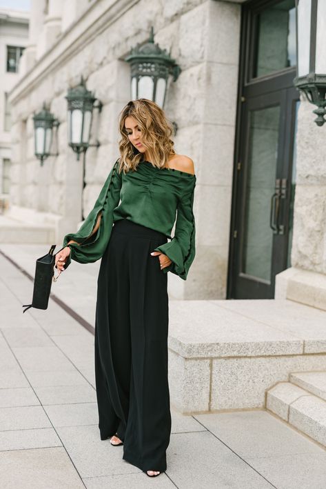 Green off the shoulder long sleeved top/ blouse+black high waisted wide-leg pants+black heels+black handbag+black earrings. Pre-Fall/ Transitional Event/ Party/ Dressy up / Date Outfit 2018 Black Pants Outfit Dressy Party, Wide Leg Pants Outfit Dressy, Black Pants Outfit Dressy, Pants Outfit Dressy, Black Wide Leg Pants Outfit, Green Trousers Outfit, Black Heels Outfit, Black Pants Outfit, Wide Leg Pants Outfit