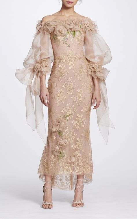 Off the Shoulder Tea Length Dress by MARCHESA for Preorder on Moda Operandi Brokat Kebaya, Chic Dress Style, Baju Pengapit, Metallic Lace Dress, Dress Brokat, Dress Pesta, Kebaya Dress, Boho Chic Dress, فستان سهرة