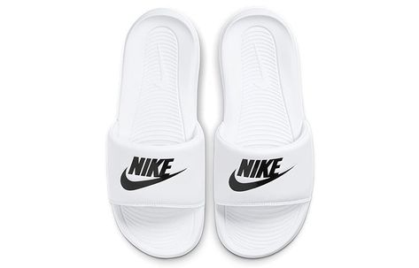 Nike Womens WMNS Victori One Slide 'White Black' White/White/Black CN9677-100 Nike Sliders, White Nike Slides, Beige Flip Flops, Slides Nike, Nike Noir, Nike Flip Flops, Nike Slippers, Nike Sandals, Nike Design