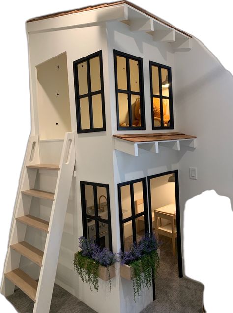 Second Story Loft Playroom, Little Apartment For Kids, Indoor House Playground, Built In Playhouse Basement, Indoor Treehouse Loft, Small Loft Playroom, Indoor Loft Playhouse, Kids Playroom Loft, Indoor Play Houses