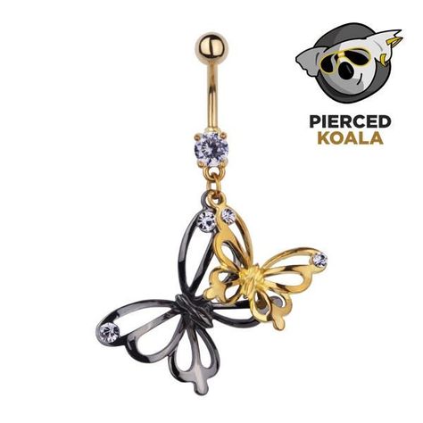 Solid 316L Surgical Stainless Steel - Hypoallergenic Externally Threaded Naval Belly Button Piercing Bar Thickness: 14 Gauge / 1.6mm Bar Length: 10mm Black Butterfly Dimensions: 25mm long x 20mm wide Gold Butterfly Dimensions: 18mm x 15mm Top Ball Size: 5mm Bottom Gem Ball Size: 5mm Welcome to our Pierced Koala Etsy Store We ship orders within 1 business day from the Northern Beaches of Sydney via Australia Post. All Pierced Koala items available for sale are stocked in our office and will be pa Piercing Bar, Button Piercing, Black Gold Ring, Piercing Jewellery, Australia Post, Belly Button Ring, Belly Button Piercing, Button Ring, Black Butterfly