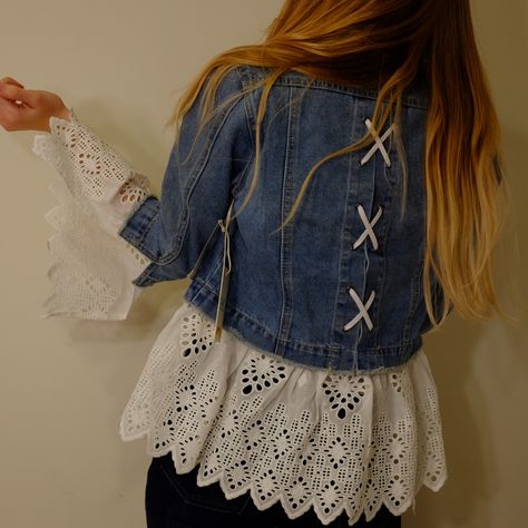 Let Me Tell You... This Is The Cutest Jean Jacket I've Ever Seen! The White Lace Is Adorable And Makes This Such A Unique Piece! The Absolute Perfect Jean Jacket For Spring!! Upcycle Jean Jacket, Upcycle Denim Jeans, Cute Jean Jackets, Upcycled Denim Jacket, Jacket For Spring, Diy Denim Jacket, Lace Jeans, Clothing Upcycle, Custom Denim Jacket